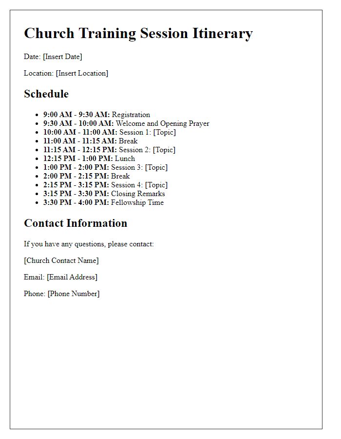 Letter template of church training session itinerary.