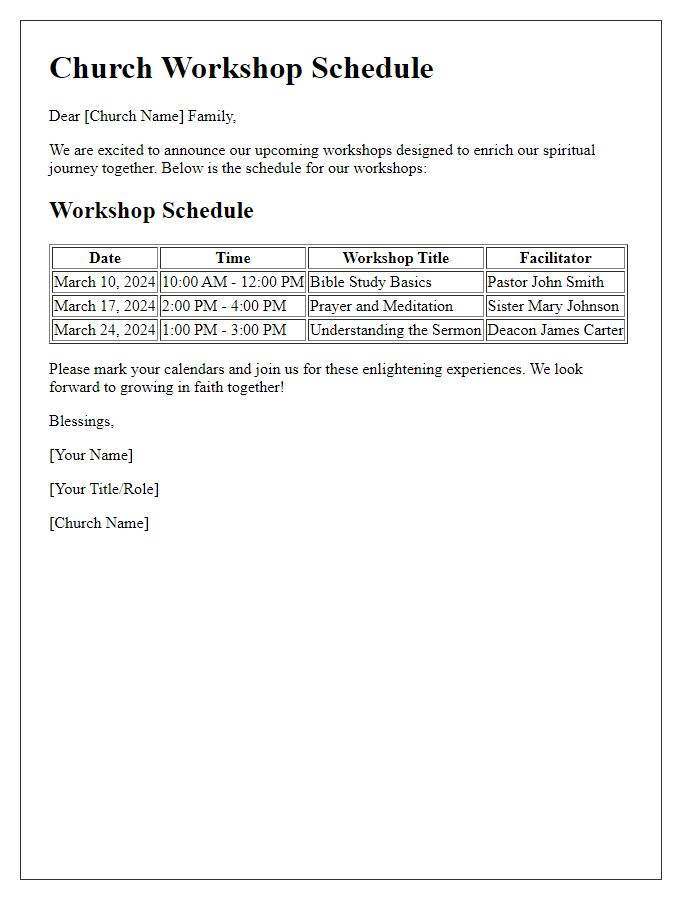 Letter template of church workshop schedule.