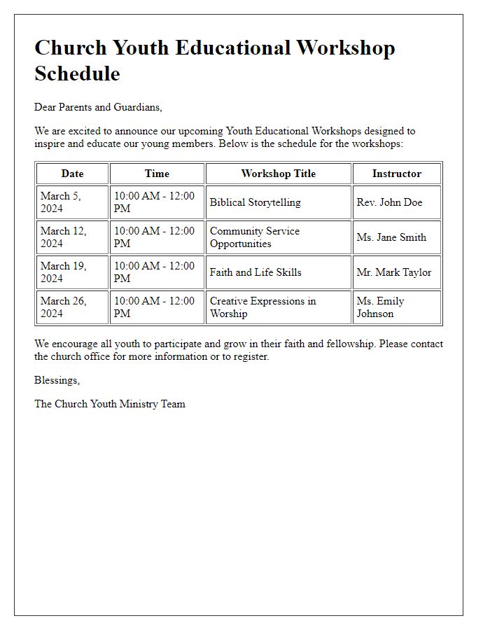 Letter template of church youth educational workshop schedule.