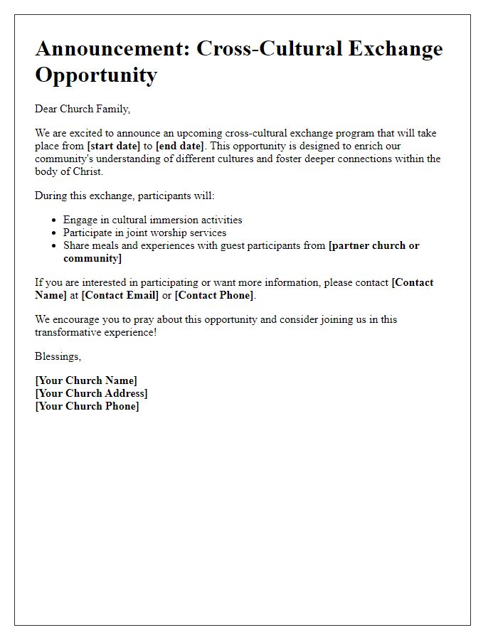 Letter template of announcement for a church cross-cultural exchange opportunity