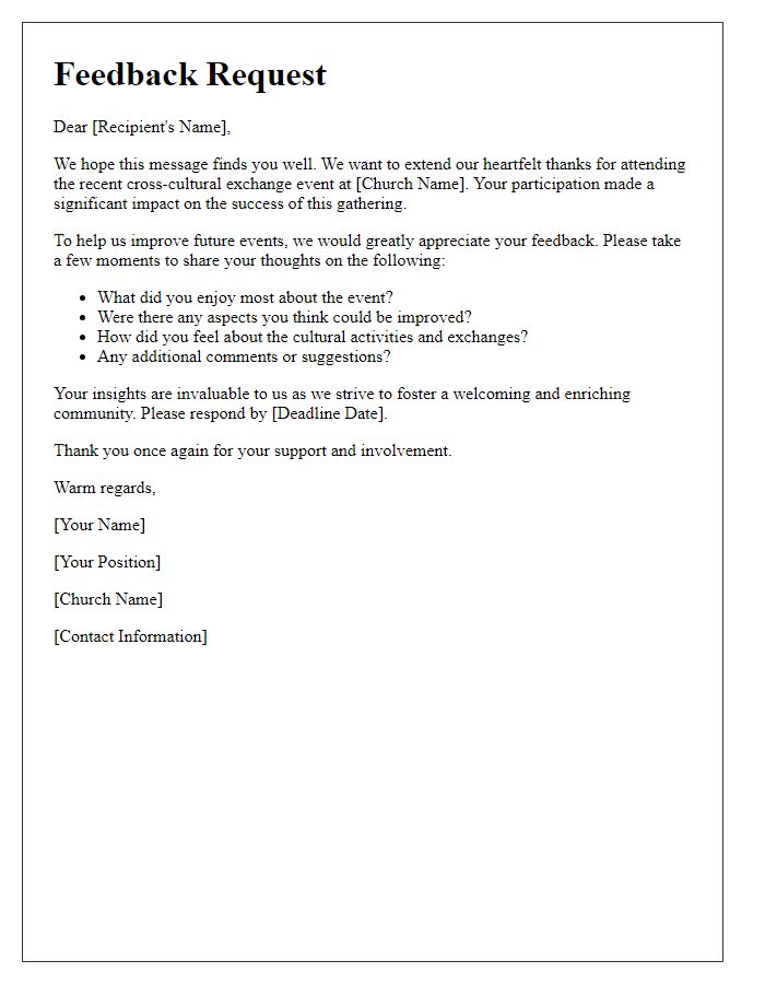 Letter template of feedback request for a church cross-cultural exchange event