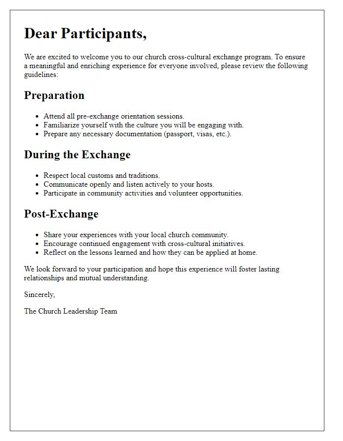 Letter template of guidelines for church cross-cultural exchange participants