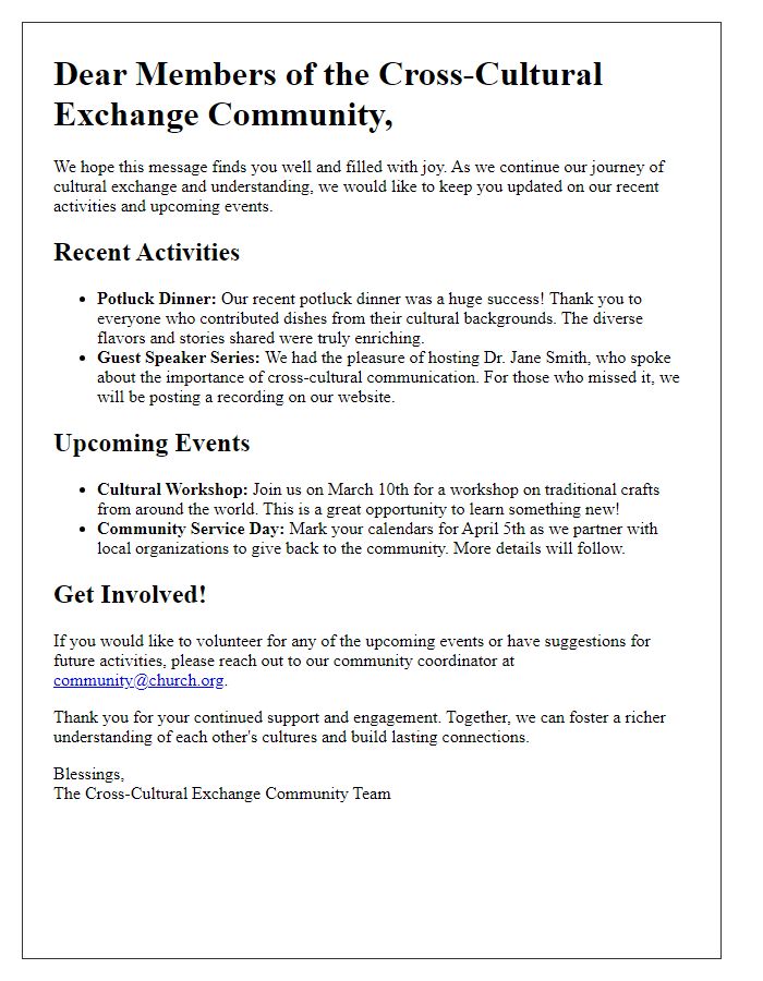 Letter template of updates for a church cross-cultural exchange community