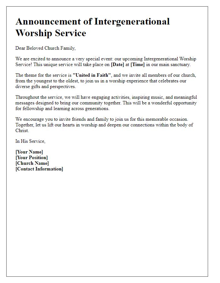 Letter template of announcement for church intergenerational worship service