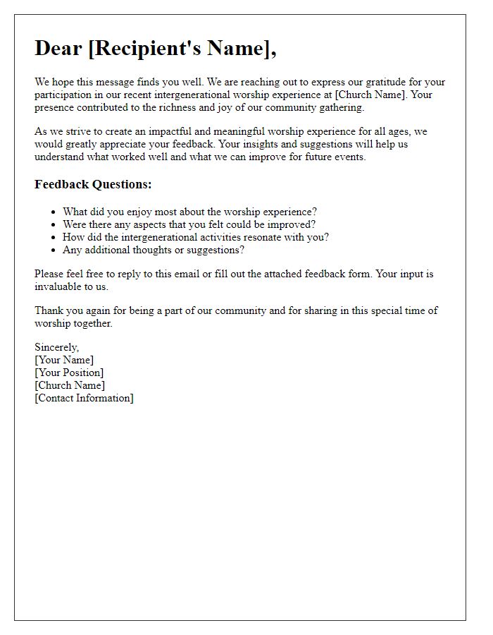 Letter template of feedback request for church intergenerational worship experience