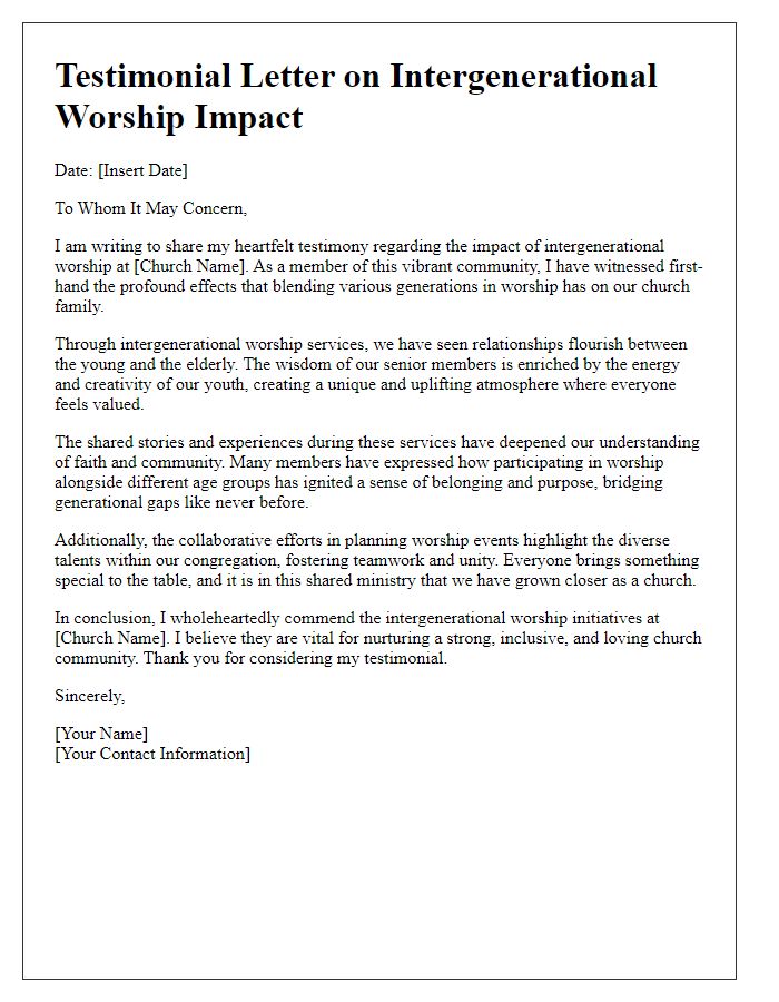 Letter template of testimonial sharing for church intergenerational worship impact