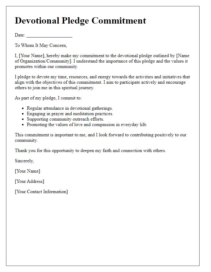 Letter template of Devotional Pledge Commitment Reference