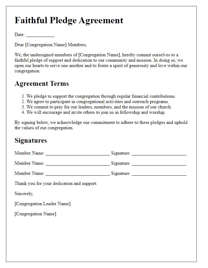 Letter template of Faithful Pledge Agreement for Congregation