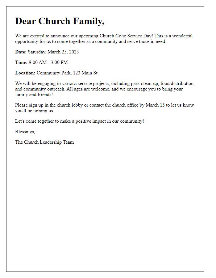 Letter template of announcement for church civic service day.