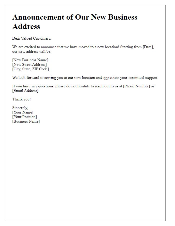 Letter template of announcement for new business address.