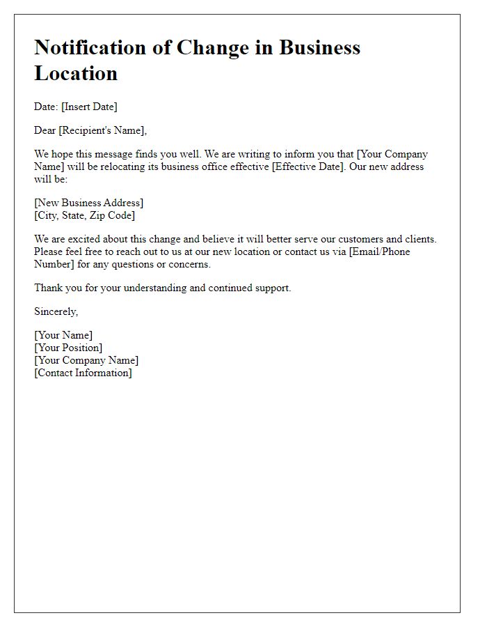 Letter template of change in business location notification.