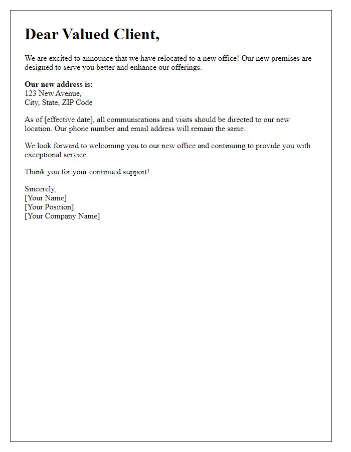 Letter template of informing clients of our new premises.