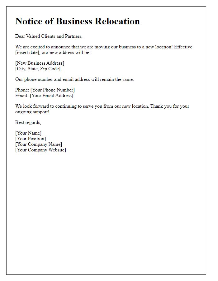 Letter template of moving to a new business site.