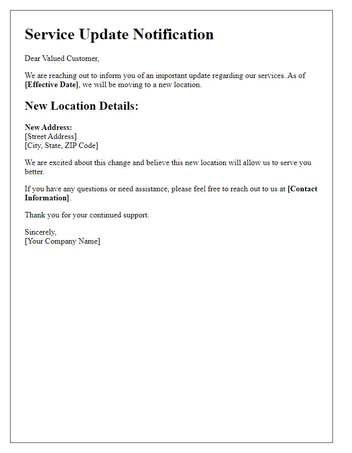 Letter template of service update with new location details.