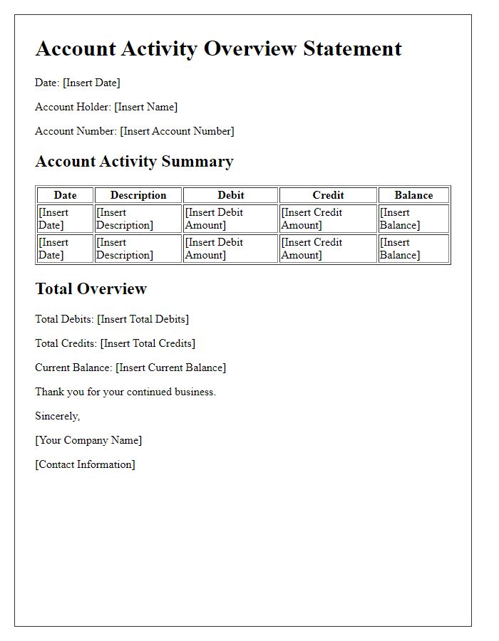 Letter template of account activity overview statement