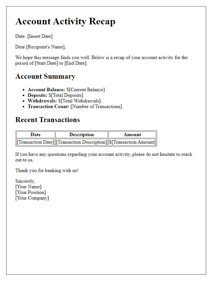 Letter template of account activity recap