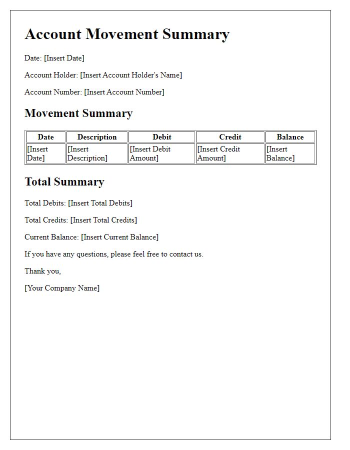 Letter template of account movement summary