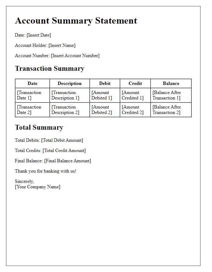 Letter template of account summary of transactions