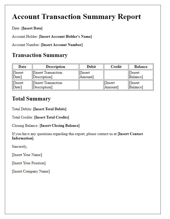 Letter template of account transaction summary report