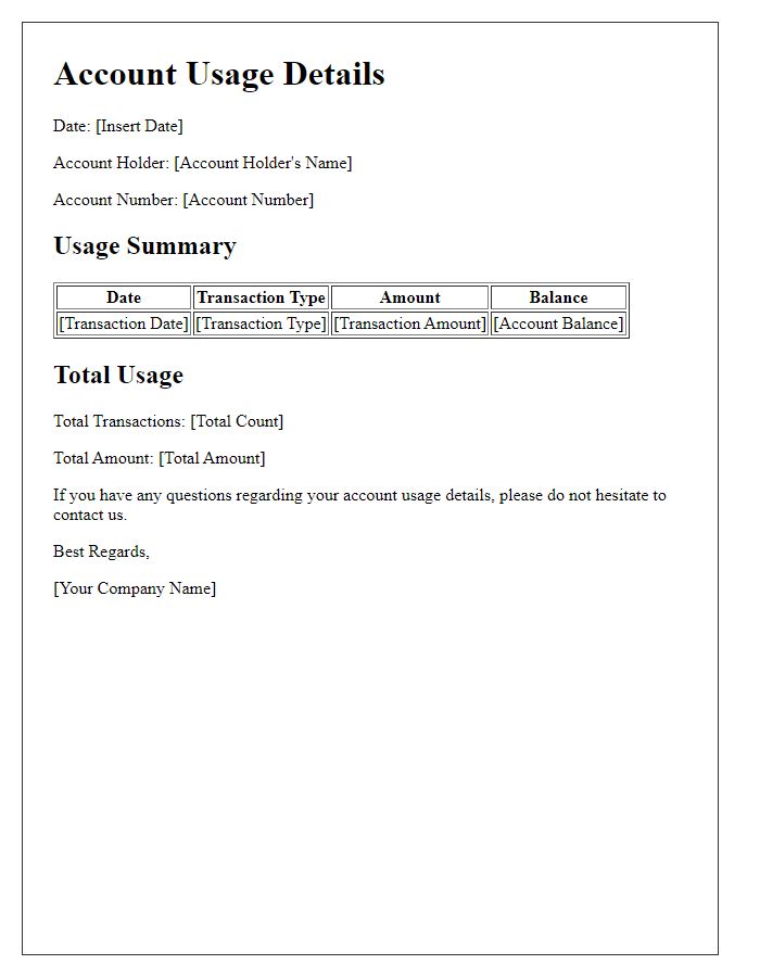 Letter template of account usage details