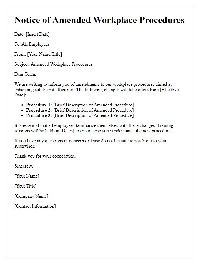 Letter template of amended workplace procedures