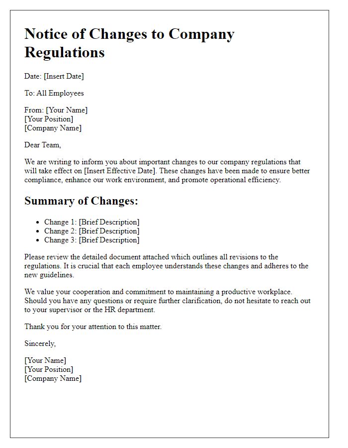 Letter template of changes to company regulations