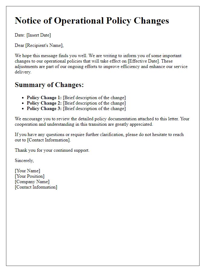 Letter template of operational policy changes