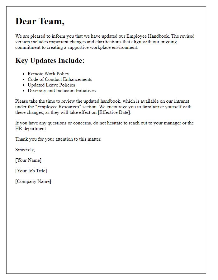 Letter template of revised employee handbook details