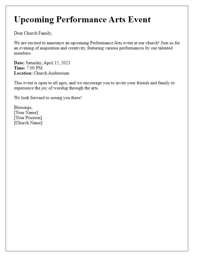 Letter template of announcement for upcoming church performance arts event