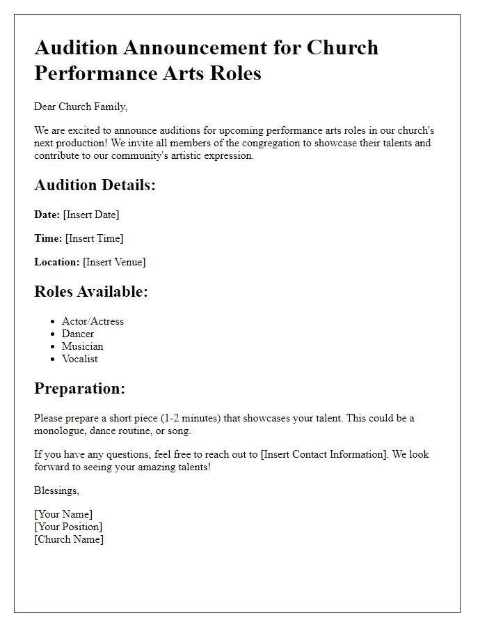 Letter template of audition announcement for church performance arts roles