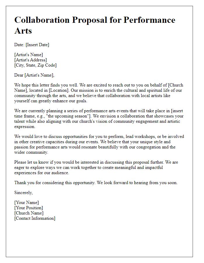 Letter template of collaboration proposal with local artists for church performance arts