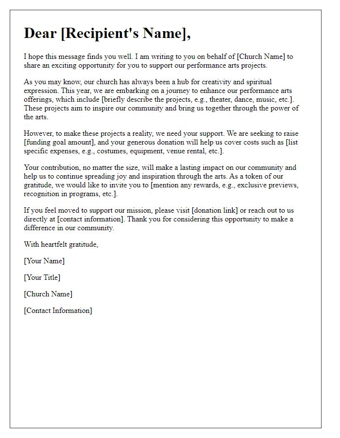 Letter template of fundraising appeal for church performance arts projects