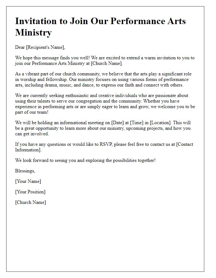 Letter template of invitation to join the church performance arts ministry