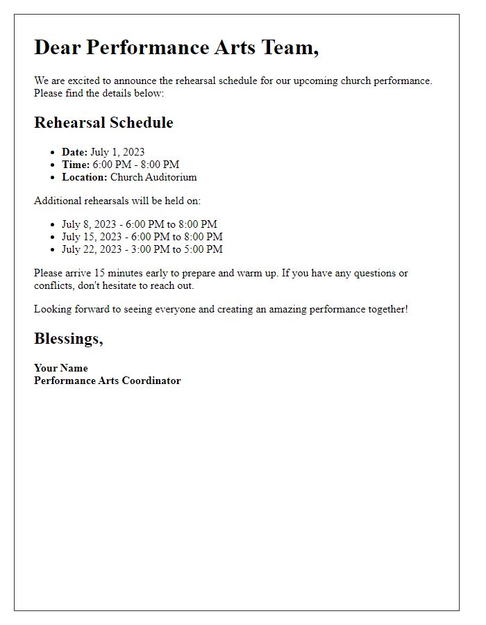 Letter template of rehearsal schedule for church performance arts team