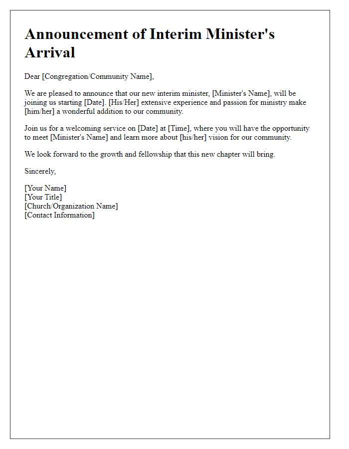 Letter template of announcement for interim minister's arrival