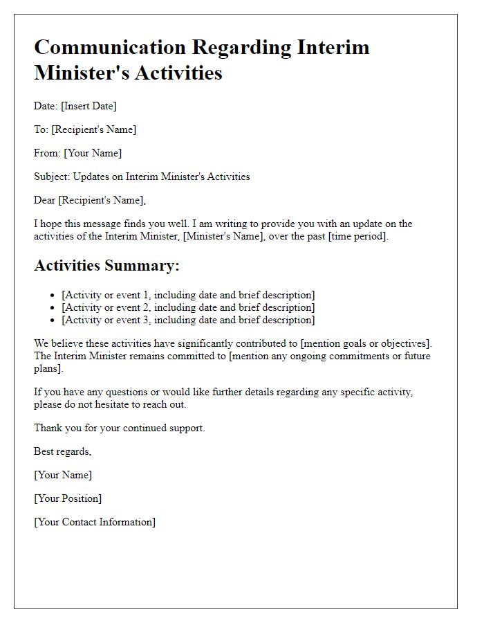 Letter template of communication regarding interim minister's activities