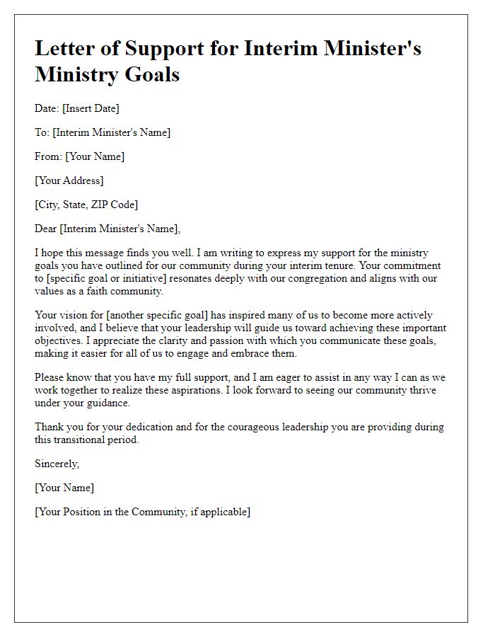 Letter template of support for interim minister's ministry goals