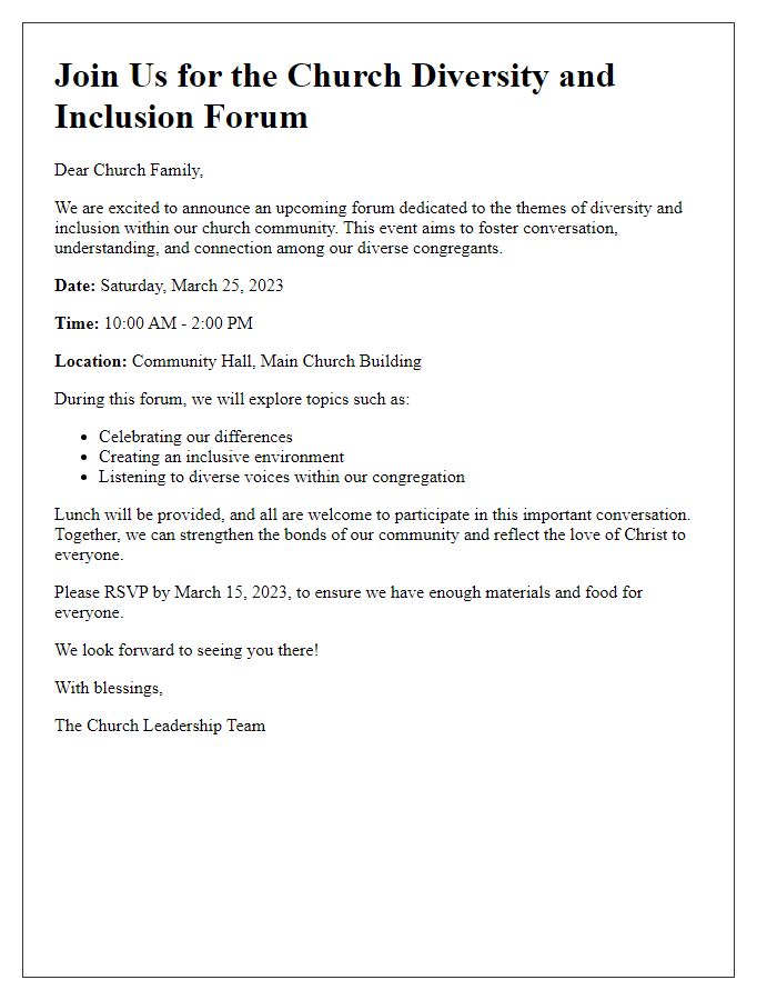 Letter template of announcements related to church diversity and inclusion forum