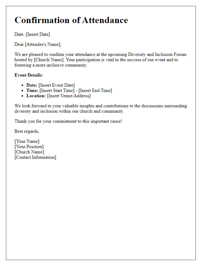 Letter template of confirmation for church diversity and inclusion forum attendees