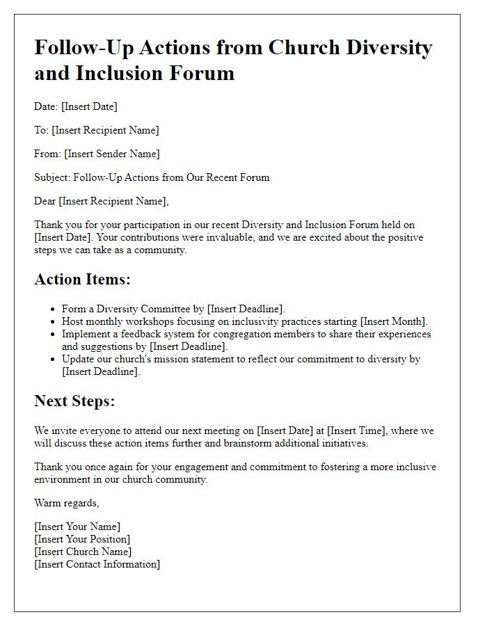 Letter template of follow-up actions from church diversity and inclusion forum