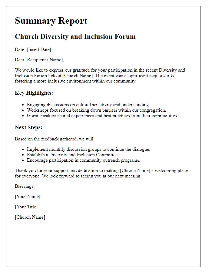 Letter template of summary report after church diversity and inclusion forum