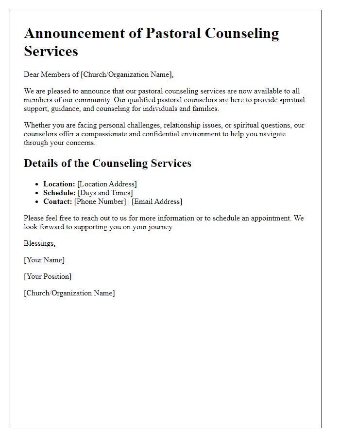 Letter template of pastoral counseling services announcement