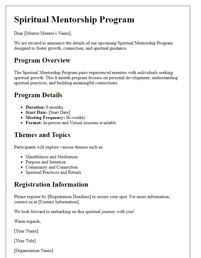 Letter template of spiritual mentorship program details