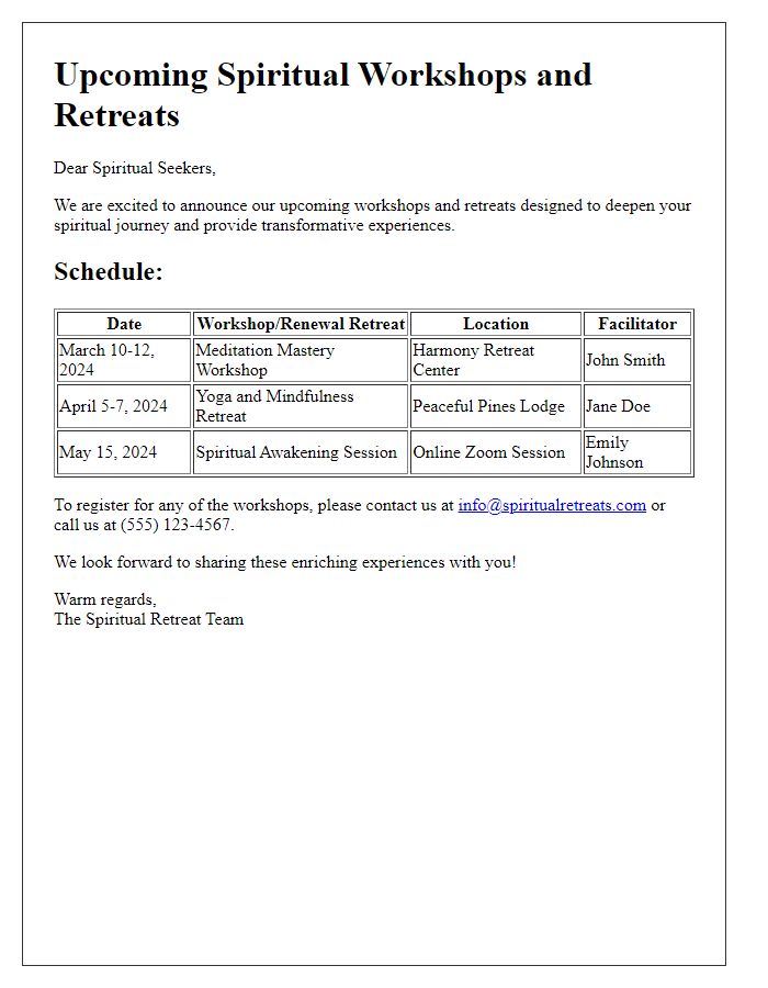 Letter template of spiritual workshops and retreats scheduling