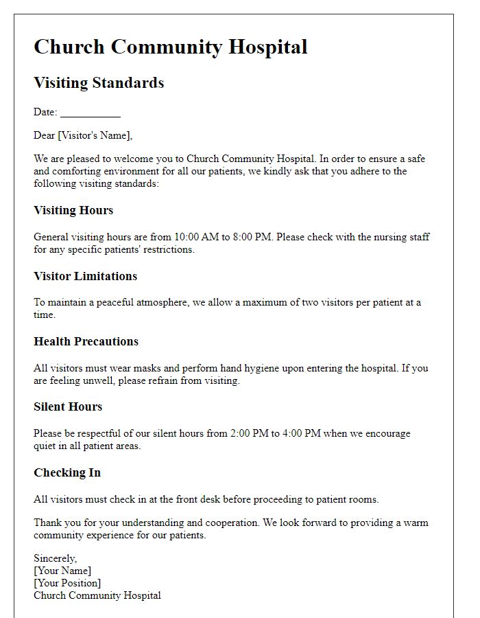 Letter template of church community hospital visiting standards.