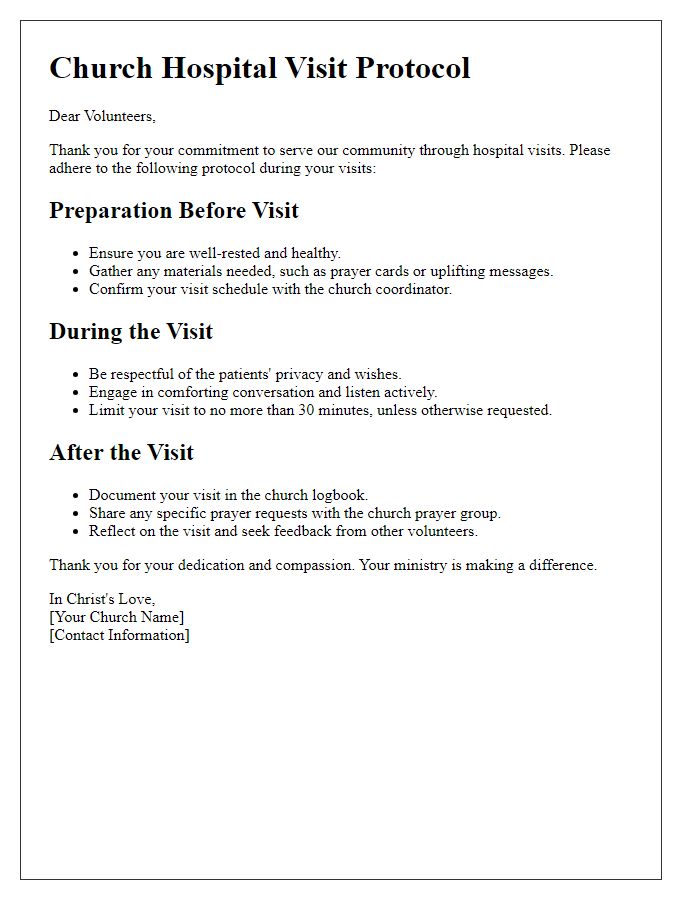 Letter template of church hospital visit protocol for volunteers.