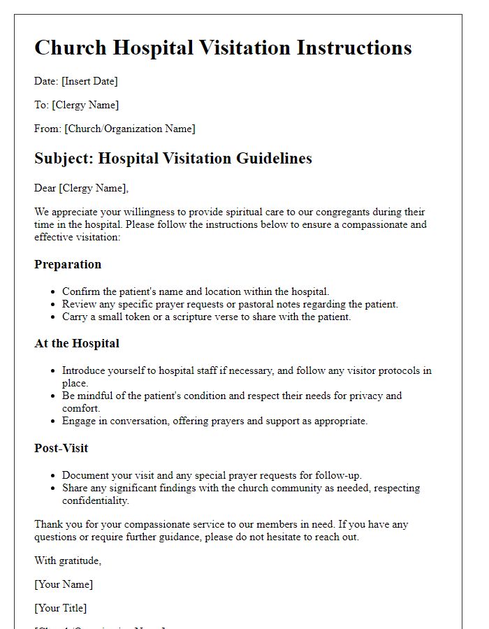 Letter template of church hospital visitation instructions for clergy.