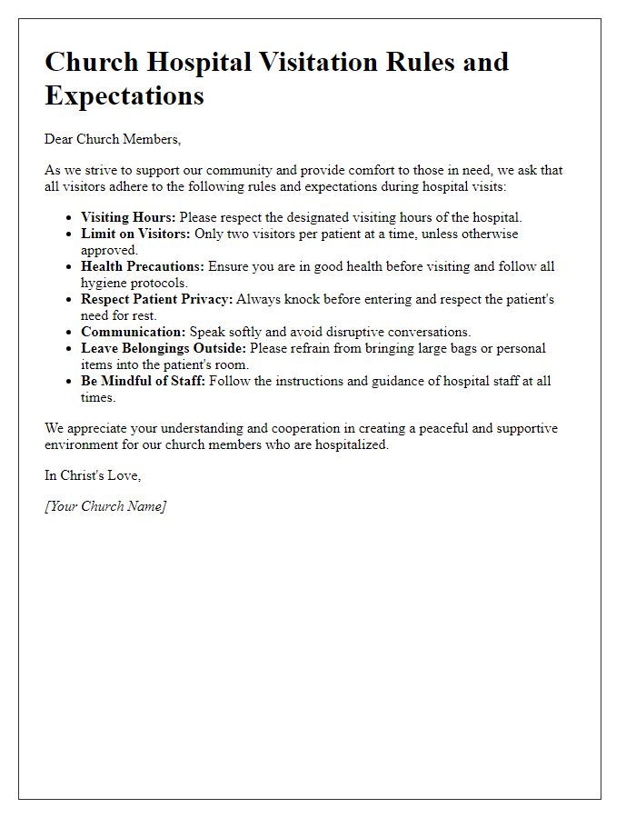 Letter template of church hospital visitation rules and expectations.