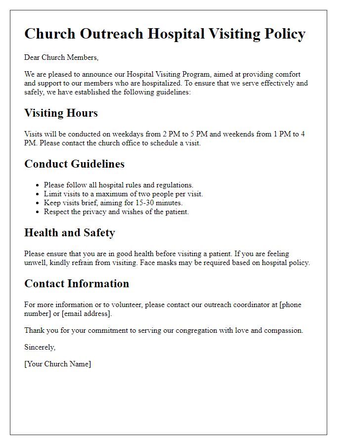 Letter template of church outreach hospital visiting policy.