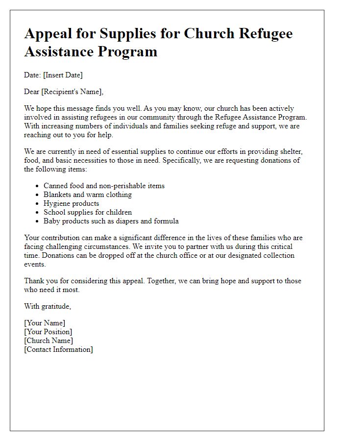 Letter template of appeal for supplies for church refugee assistance program.